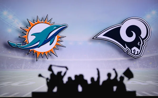 Miami Dolphins Los Angeles Rams Fãs Apoiam Nfl Game Silhueta — Fotografia de Stock