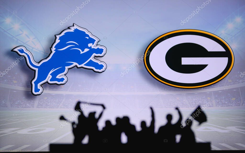 Detroit Lions Vs Green Bay Packers Fans Support On Nfl Game Silhouette Of Supporters Big Screen With Two Rivals In Background 390617932 Larastock