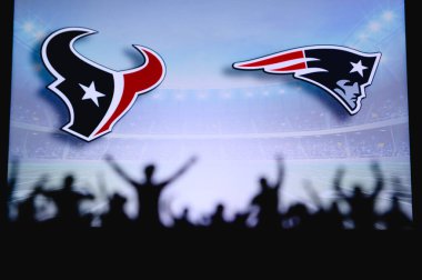 Houston Teksaslılar, New England Patriots 'a karşı. Taraftarlar NFL Game 'i destekliyor. Destekçilerin silueti, arka planda iki rakibi olan büyük ekran.