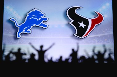 Detroit Lions, Houston Texans 'a karşı. Taraftarlar NFL Game 'i destekliyor. Destekçilerin silueti, arka planda iki rakibi olan büyük ekran.