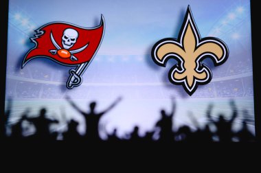 Tampa Bay Buccaneers, New Orleans Saints 'e karşı. Taraftarlar NFL Game 'i destekliyor. Destekçilerin silueti, arka planda iki rakibi olan büyük ekran.