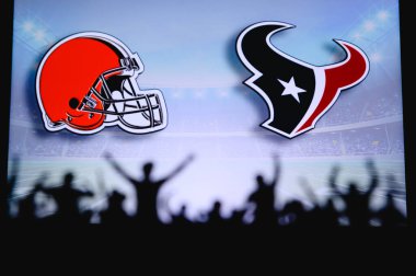 Cleveland Browns vs. Houston Texans. Fans support on NFL Game. Silhouette of supporters, big screen with two rivals in background. clipart