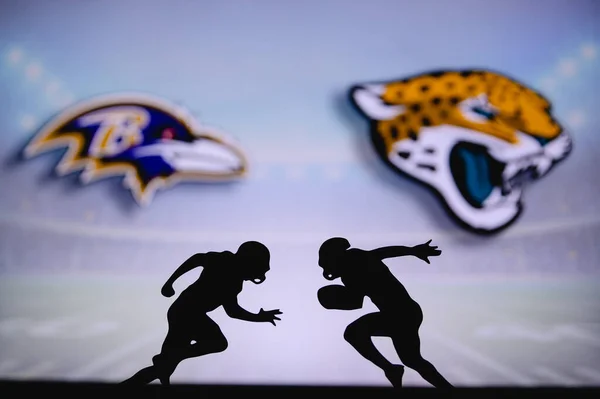 Baltimore Ravens Mot Jacksonville Jaguars Nfl Matchningsaffisch Två Amerikanska Fotbollsspelare — Stockfoto