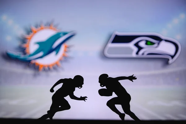 Miami Delfinek Kontra Seattle Seahawks Nfl Meccs Poszter Két Amerikai — Stock Fotó
