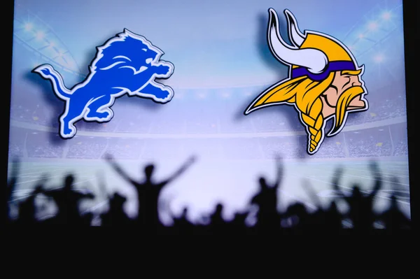 Detroit Lions Kontra Minnesota Vikings Fani Wspierają Nfl Game Sylwetka — Zdjęcie stockowe