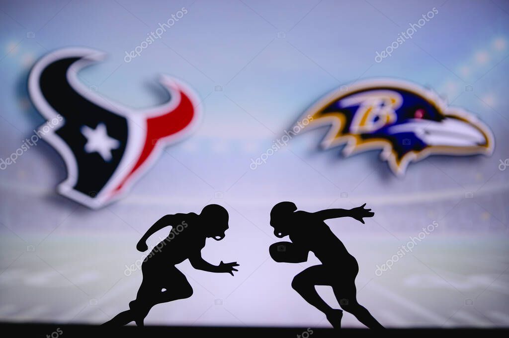 Houston Texans vs. Baltimore Ravens. NFL match poster. Two american football players silhouette facing each other on the field. Clubs logo in background. Rivalry concept photo.