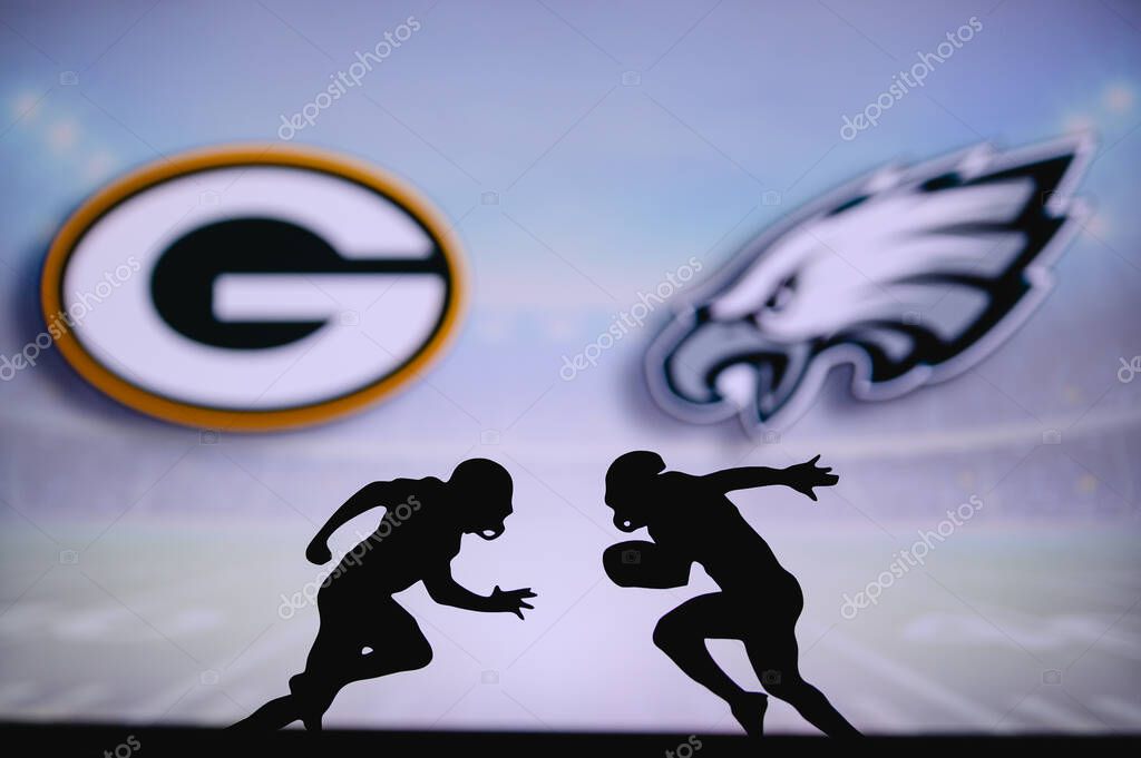 Green Bay Packers vs. Philadelphia Eagles. NFL match poster. Two american football players silhouette facing each other on the field. Clubs logo in background. Rivalry concept photo.