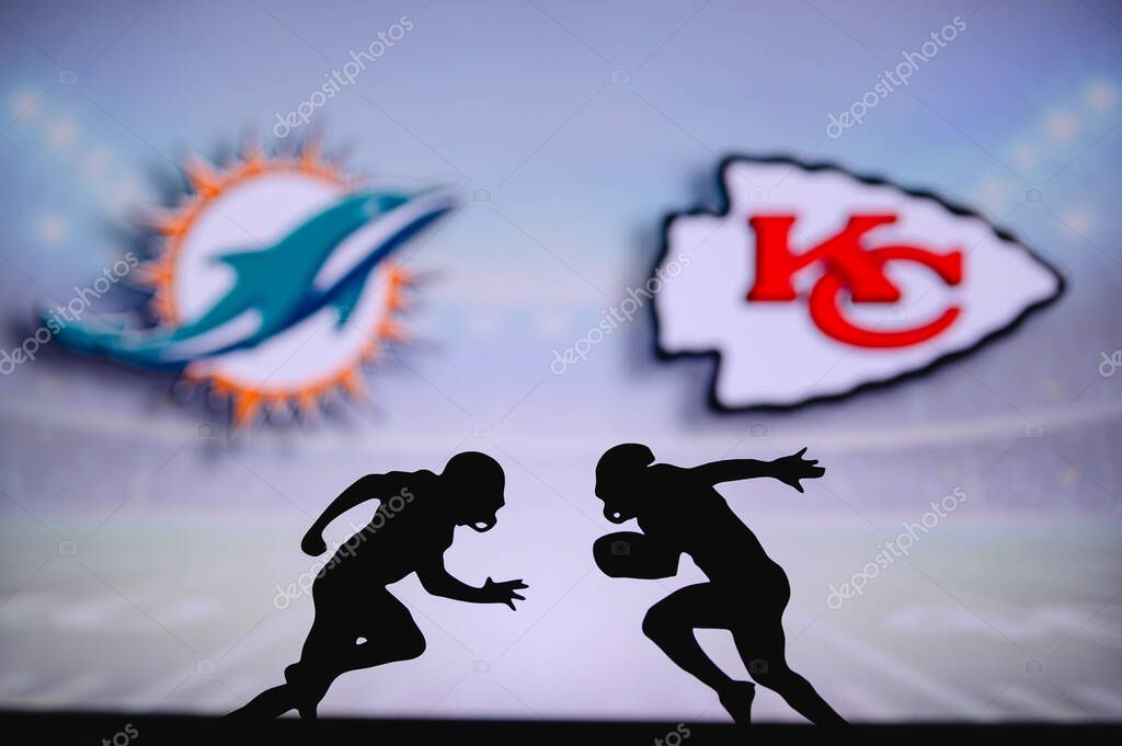 Miami Dolphins vs. Kansas City Chiefs. NFL match poster. Two american football players silhouette facing each other on the field. Clubs logo in background. Rivalry concept photo.
