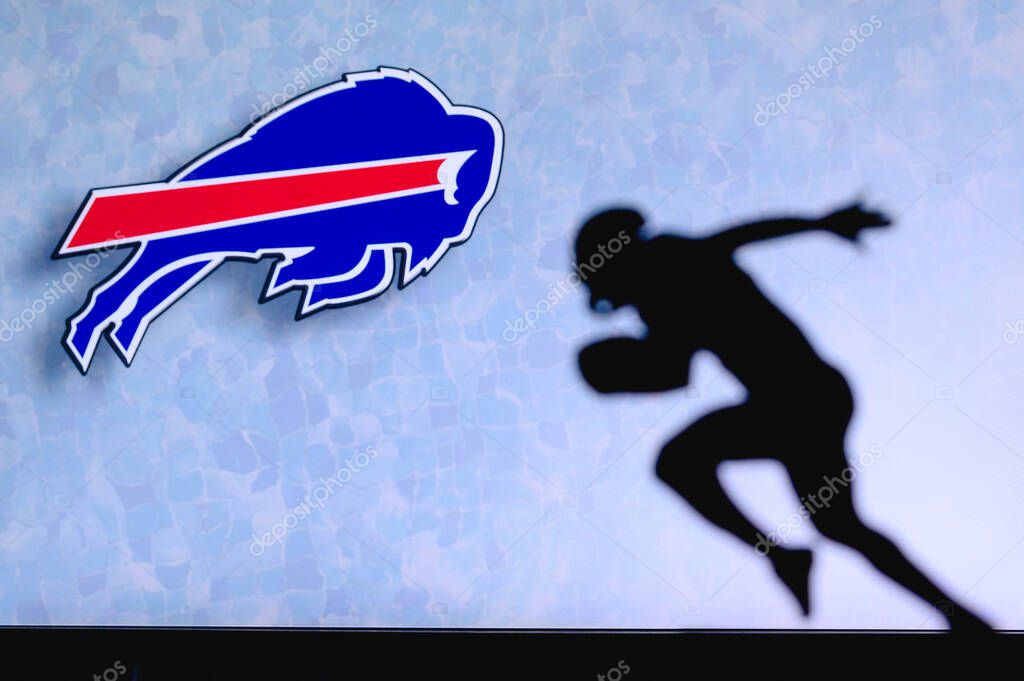 Buffalo Bills. Silhouette of professional american football player. Logo of NFL club in background, edit space.
