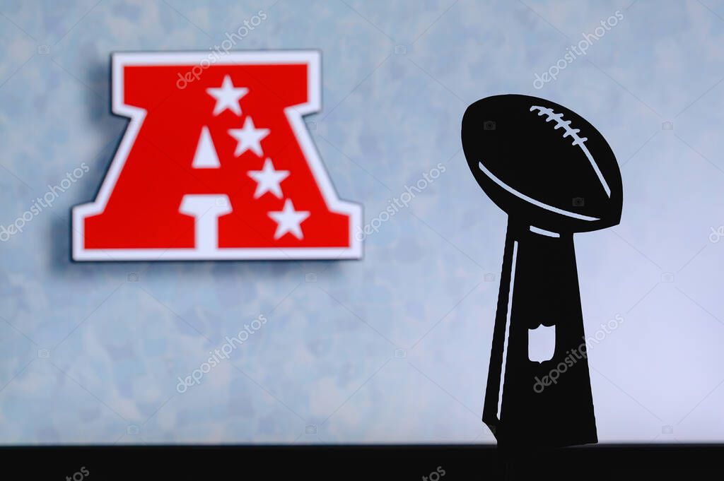 American Football Conferenc AFC, professional american football club, silhouette of NFL trophy, logo of the club in background.