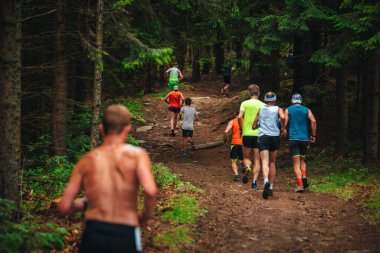 Koşu yarışı, ormanda koşan sporcular. Tepeye doğru dikey yarış.