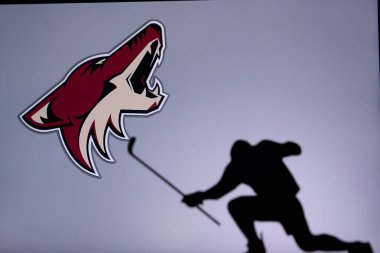 TORONTO, Kanada, 17. Arizona Çakalları Logosu. Profesyonel NHL hokey oyuncusu golü kutluyor. Siluet fotoğrafı, boşluğu düzenle