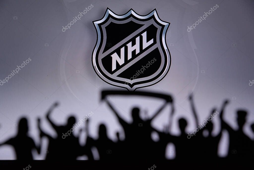 TORONTO, CANADA, 17. JULY: National Hockey LeagueFans Silhouette. Crowd celebrate and support the NHL hockey Team. Sport photo, edit space