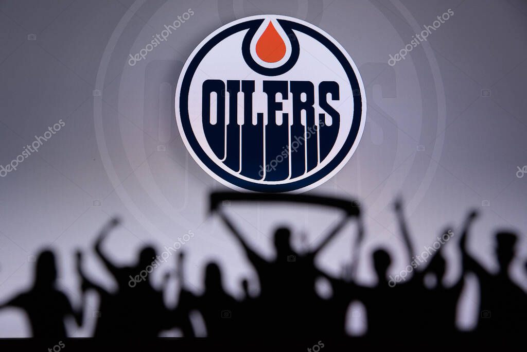 TORONTO, CANADA, 17. JULY: Edmonton OilersFans Silhouette. Crowd celebrate and support the NHL hockey Team. Sport photo, edit space