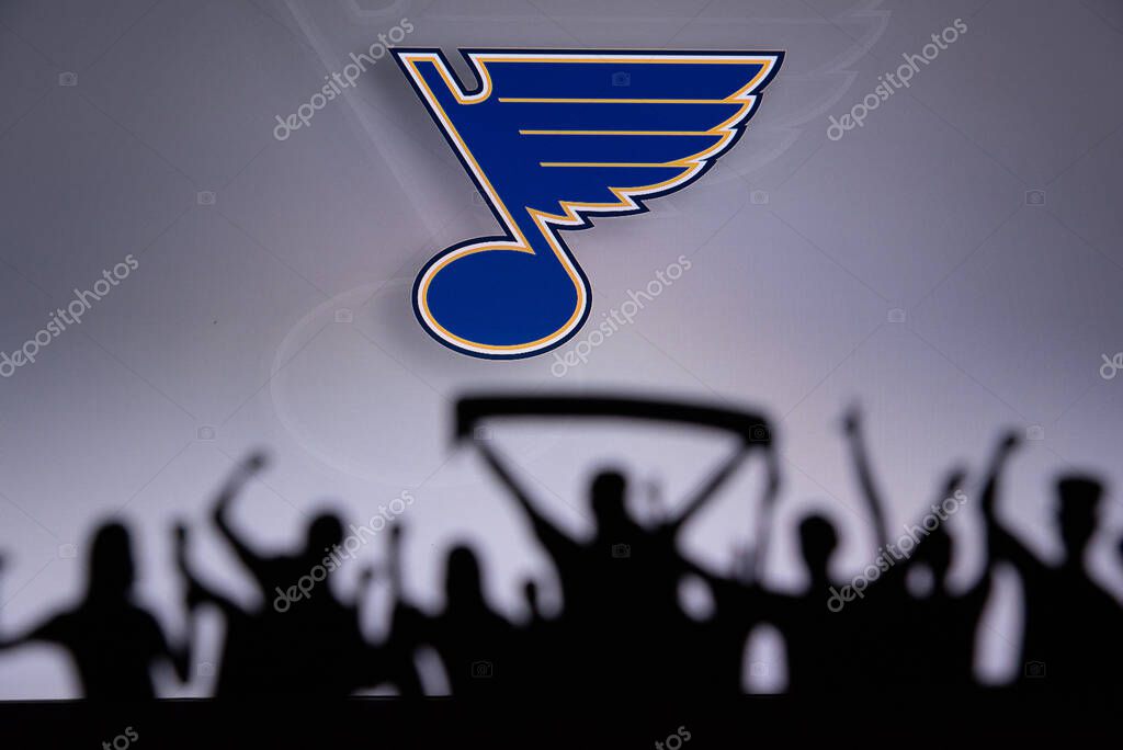 TORONTO, CANADA, 17. JULY: St. Louis BluesFans Silhouette. Crowd celebrate and support the NHL hockey Team. Sport photo, edit space