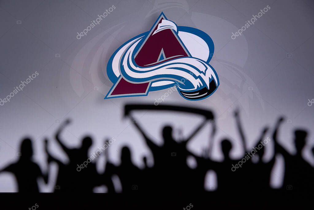 TORONTO, CANADA, 17. JULY: Colorado AvalancheFans Silhouette. Crowd celebrate and support the NHL hockey Team. Sport photo, edit space