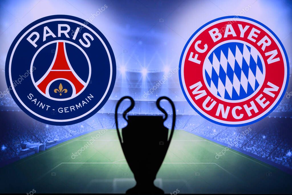 LISBON, PORTUGAL, AUGUST 19, 2020  UEFA Champions League 2020 FINAL, Paris Saint-Germain (FRA) vs. Bayern Mnchen (GER. UCL Final, Lisbon, Portugal, Sunday August 23. Trophy silhouette in background.