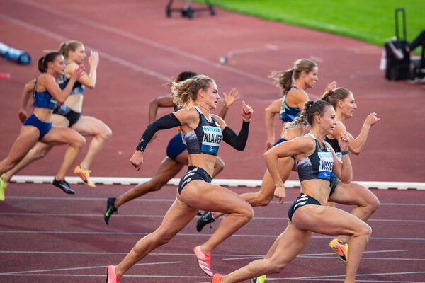 OSTRAVA, CZECH REPUBLIC, SEPTEMBER. 8. 2020: Sprinters race, Professional track and field sprint race, athletes on the track. Original wallpaper for summer olympic game in Tokyo 2021