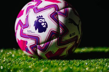 VIENNA, AUSTRIA, MAY 26, 2025: Detailed View of the Premier League Logo on the 2025/2026 Official Puma Ball