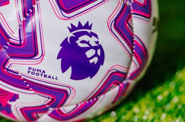VIENNA, AUSTRIA, MAY 26, 2025: Official Premier League 2025/2026 Ball Sponsored by Puma Placed on Grass with Logo Detail