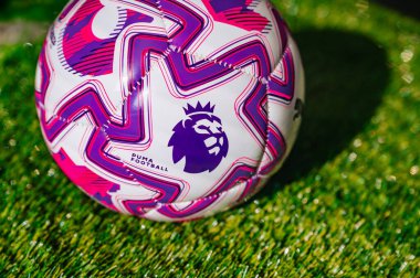 VIENNA, AUSTRIA, MAY 26, 2025: Iconic Premier League 2025/2026 Match Ball by Puma with Logo Close Up
