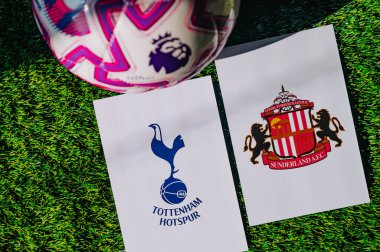 VIENNA, AUSTRIA, MAY 26, 2025: Tottenham Hotspur vs Sunderland derby football match in Premier League. Club logo and official ball on green soccer grass.