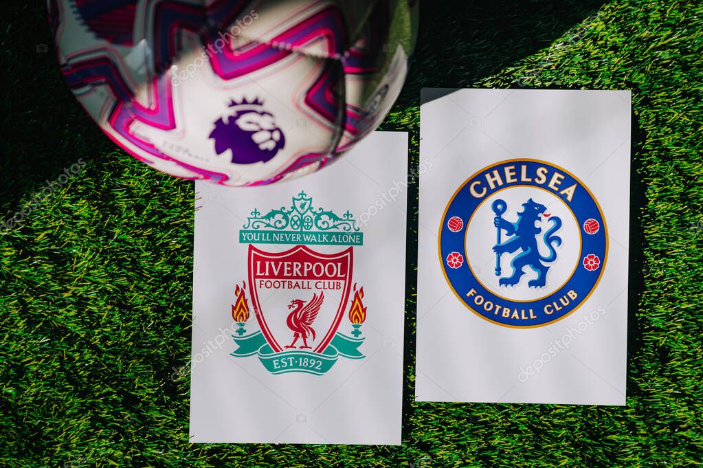 VIENNA, AUSTRIA, MAY 26, 2025: Liverpool vs Chelsea derby football match in Premier League. Club logo and official ball on green soccer grass.