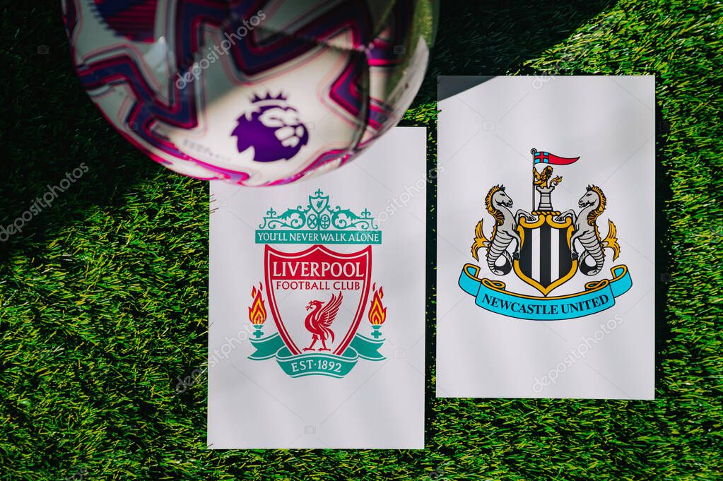 VIENNA, AUSTRIA, MAY 26, 2025: Liverpool vs Newcastle United derby football match in Premier League. Club logo and official ball on green soccer grass.