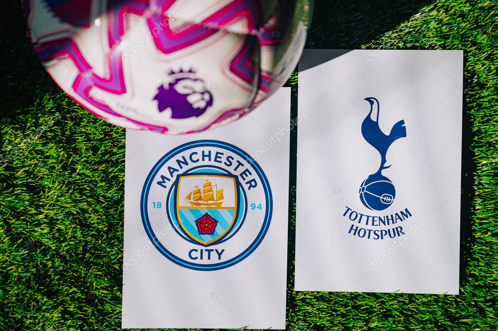 VIENNA, AUSTRIA, MAY 26, 2025: Manchester City vs Tottenham Hotspur derby football match in Premier League. Club logo and official ball on green soccer grass.