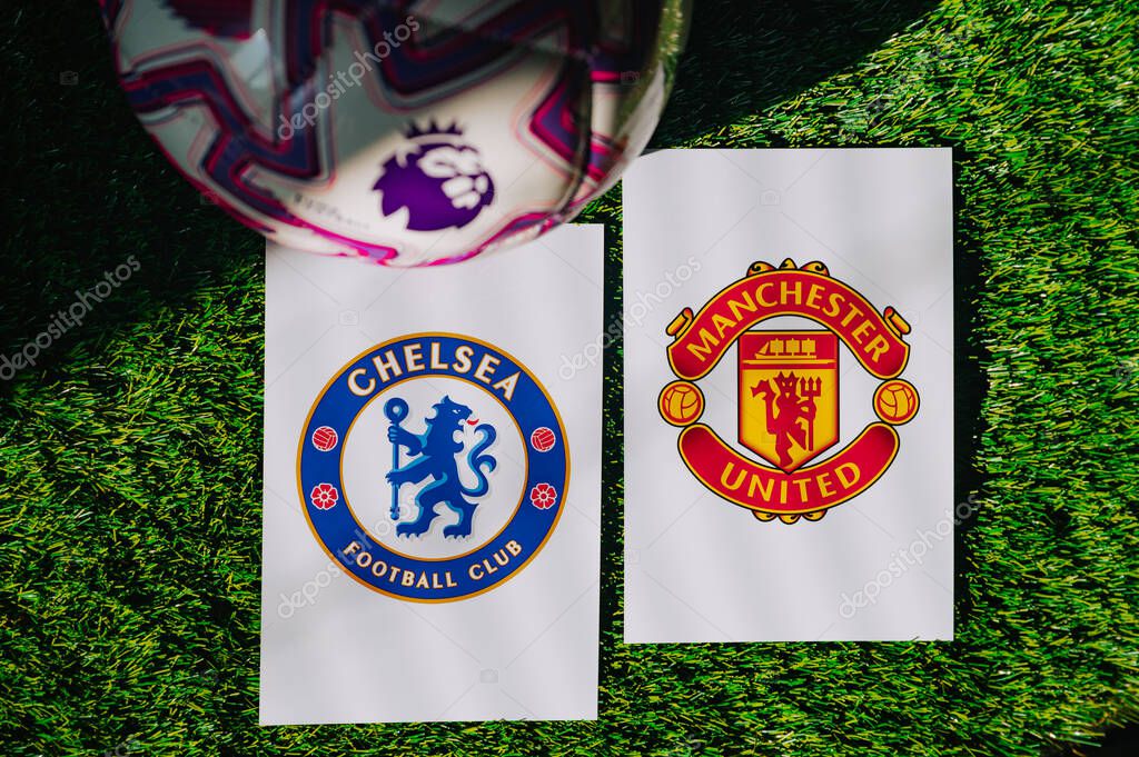 VIENNA, AUSTRIA, MAY 26, 2025: Chelsea vs Manchester United derby football match in Premier League. Club logo and official ball on green soccer grass.