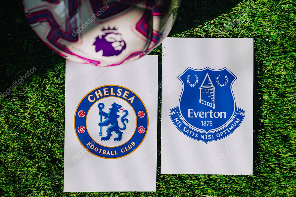 VIENNA, AUSTRIA, MAY 26, 2025: Chelsea vs Everton derby football match in Premier League. Club logo and official ball on green soccer grass.