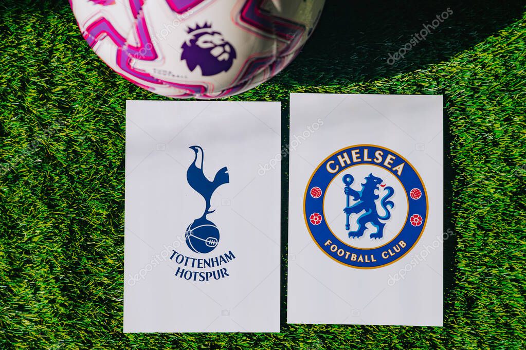 VIENNA, AUSTRIA, MAY 26, 2025: Tottenham Hotspur vs Chelsea derby football match in Premier League. Club logo and official ball on green soccer grass.