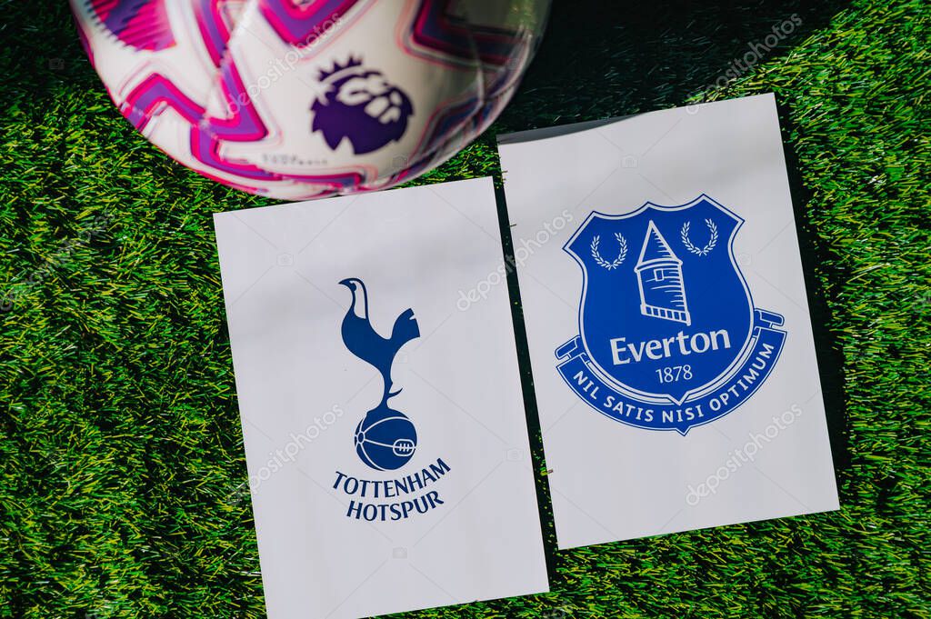 VIENNA, AUSTRIA, MAY 26, 2025: Tottenham Hotspur vs Everton derby football match in Premier League. Club logo and official ball on green soccer grass.