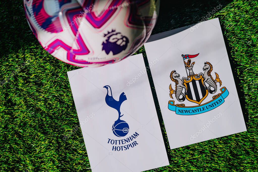 VIENNA, AUSTRIA, MAY 26, 2025: Tottenham Hotspur vs Newcastle United derby football match in Premier League. Club logo and official ball on green soccer grass.