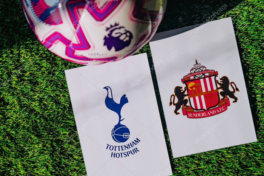 VIENNA, AUSTRIA, MAY 26, 2025: Tottenham Hotspur vs Sunderland derby football match in Premier League. Club logo and official ball on green soccer grass.