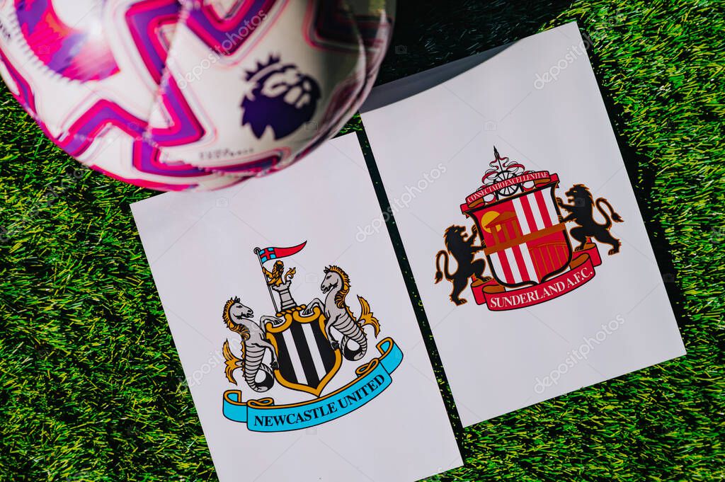 VIENNA, AUSTRIA, MAY 26, 2025 Newcastle United vs Sunderland derby football match in Premier League. Club logo and official ball on green soccer grass. TyneWear Derby