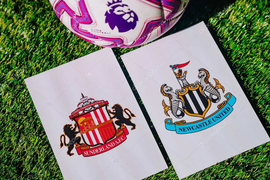 VIENNA, AUSTRIA, MAY 26, 2025 Sunderland vs Newcastle United derby football match in Premier League. Club logo and official ball on green soccer grass. TyneWear Derby