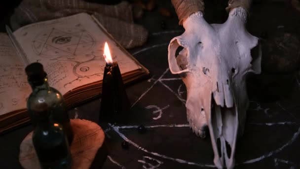 White Goat Scull Horns Open Old Book Runes Black Candles — Stock Video