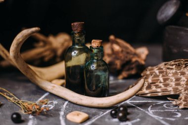 Sihirli iksir şişesi. İksirler, bitkiler ve okült ekipmanlarla modern cadılık konsepti. Karanlık bir arkaplanda kopyalama alanı olan büyülü bir yaşam.