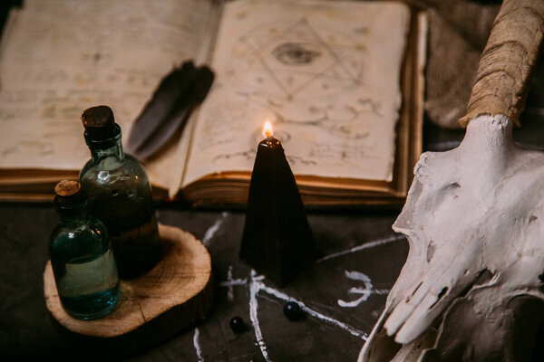 White goat scull with horns, open old book (text - untranslatable, fictional language), black candles on witch table. Occult, esoteric, divination and wicca concept. Halloween, Day of the dead concept