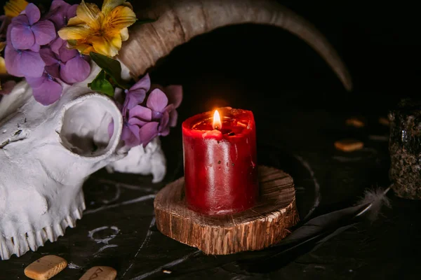 Witte Geitenschedel Met Hoorns Bloemen Open Boek Kaarsen Heksentafel Occult — Stockfoto