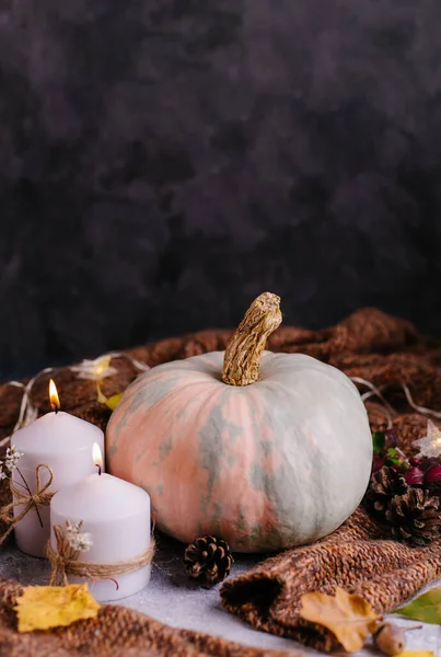 Karanlık sonbahar kompozisyonu. Mum yakan balkabakları, örgü süveter, çelenk ve kuru yapraklar. Sonbahar, sonbahar, Cadılar Bayramı konsepti