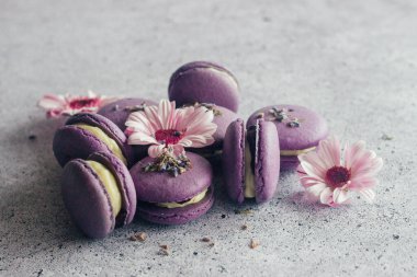 Kurabiyeler. Lezzetli Fransız tatlıları. Çiçekli kurabiyeler. Masada mor badem kurabiyeleri var.