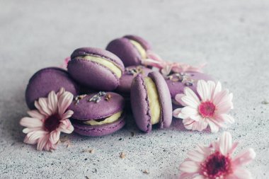 Kurabiyeler. Lezzetli Fransız tatlıları. Çiçekli kurabiyeler. Masada mor badem kurabiyeleri var.