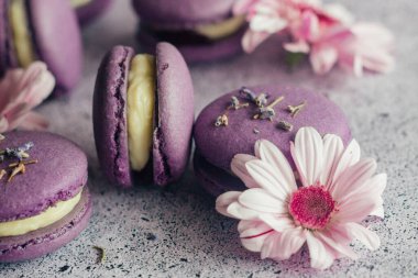 Kurabiyeler. Lezzetli Fransız tatlıları. Çiçekli kurabiyeler. Masada mor badem kurabiyeleri var.