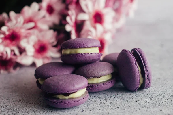 Macaroons Delicious French Desserts Macaroons Flowers Purple Macaroons Table — Stock Photo, Image
