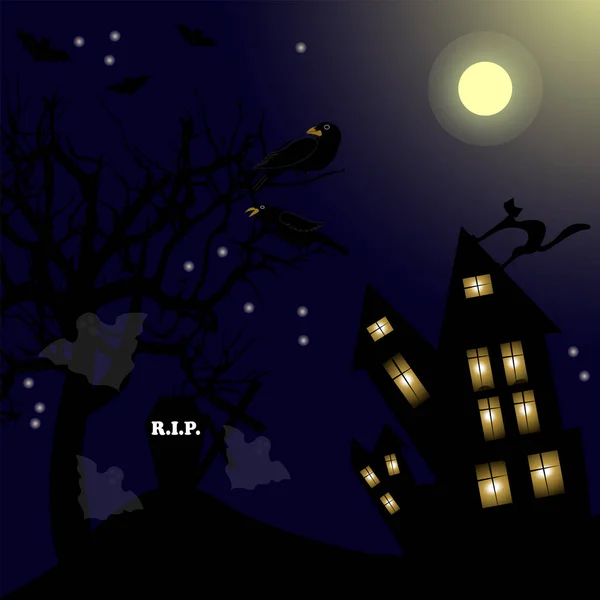 Στοιχειωμένο σπίτι μάγισσα με μαύρη γάτα, κοράκια και φεγγάρι — Διανυσματικό Αρχείο