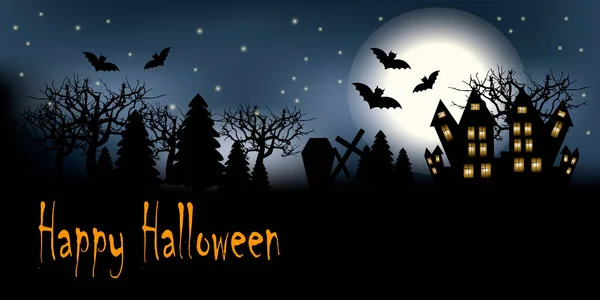 Sfondo grungy Halloween con casa infestata, pipistrelli e luna piena — Vettoriale Stock