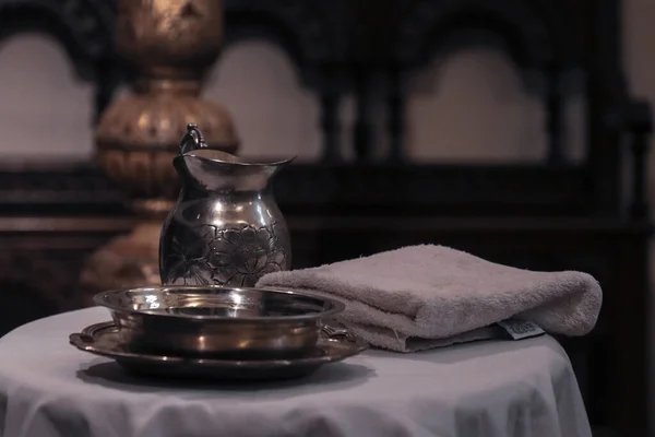 Jug Silver Tray Holy Water Baptism — Stock Photo, Image