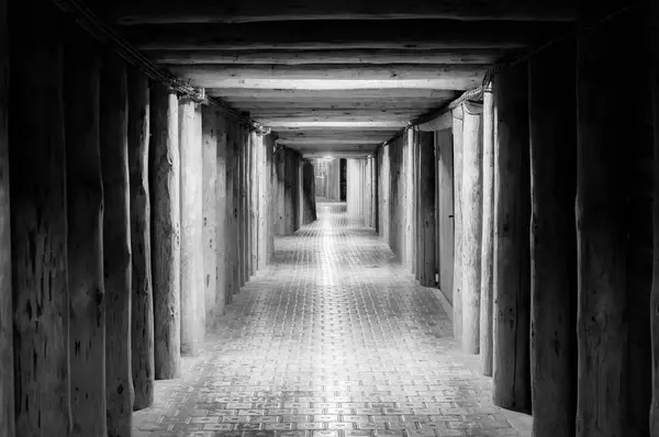 Duté tunel ve skále, osvětlené podzemní chodba. — Stock fotografie